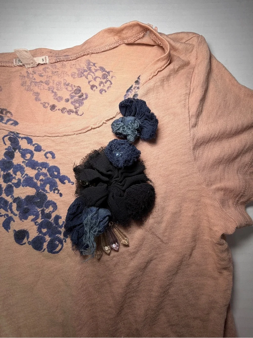 J. Crew Peach Short-Sleeve Tee with Navy Embellished Neckline